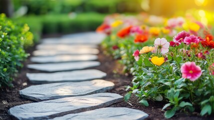 Serene Garden Pathway Adorned with Colorful Blooming Flowers in a Tranquil Outdoor Setting with Sunlight Glowing Through the Greenery