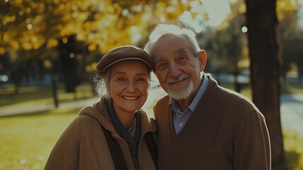 Joyful Elderly Couple Smiling Together in a Sunny Park Surrounded by Beautiful Autumn Leaves, Capturing Love and Companionship in Nature's Embrace