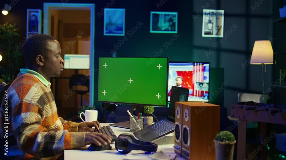 Poster african american man using ai to develop a software system with chroma key on pc, cloud computing. m