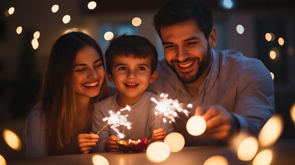 A Heartwarming Family Celebration of Diwali with Sparklers, Showcasing Joy and Togetherness in a Beautiful Evening Glow