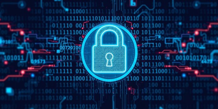 A stock photo of a digital padlock surrounded by binary code symbols, representing internet security and online business security services, technology, network security
