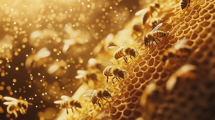 Stunning Macro Shot of Honeybees Collecting Nectar on a Golden Honeycomb Surface Capturing Nature's Intricate Details and Vibrant Colors