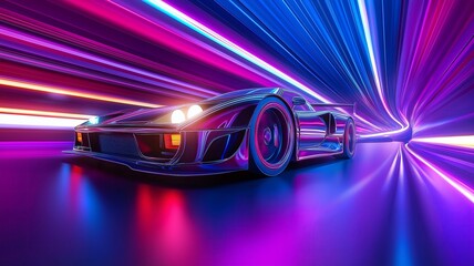 Dynamic Sports Car Racing Through a Neon Lit Tunnel at High Speed Captured in Stunning Detail and Vivid Colors for an Eye-Catching Visual Experience