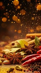 Vibrant Spices and Dazzling Bokeh Effect on a Wooden Surface with Glimmering Lights, Creating a Warm Atmosphere for Culinary Inspiration