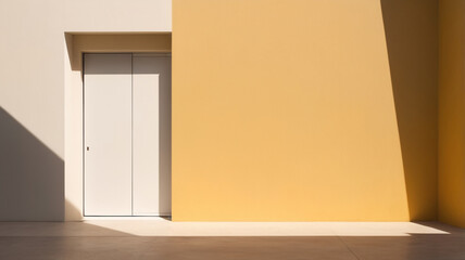 A minimalist, sunlit wall with a warm yellow tone, featuring a single white-framed window with open shutters casting long, soft shadows