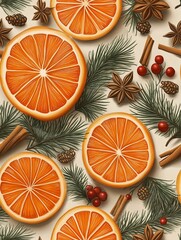 Festive Hand-Painted Pattern Featuring Dried Orange Slices, Cinnamon Sticks, Pine Branches, and Spices for Creative Holiday Designs or Seasonal Decor