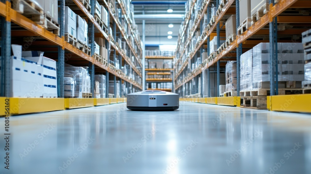Aufkleber A high-tech AI-powered autonomous warehouse robot, clean logistics center with robots designed for efficient item retrieval and inventory management, Warehouse style