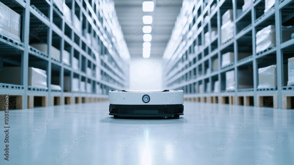 Poster A high-tech AI-powered autonomous warehouse robot, clean logistics center with robots designed for efficient item retrieval and inventory management, Warehouse style