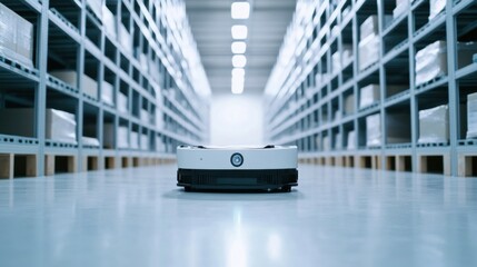 A high-tech AI-powered autonomous warehouse robot, clean logistics center with robots designed for efficient item retrieval and inventory management, Warehouse style