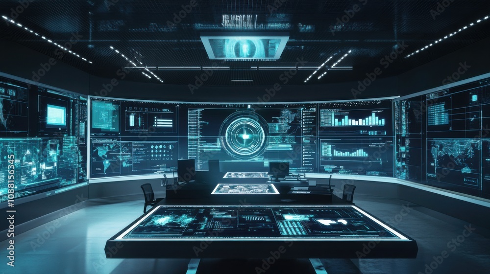 Leinwandbilder A high-tech AI-powered cybersecurity system for enterprise protection, modern data center with advanced threat detection tools and real-time monitoring interfaces, Cybersecurity style