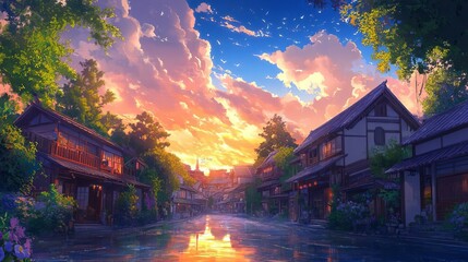 Fototapeta premium Enchanting Sunset Over Serene Traditional Village Reflecting in Water