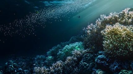 Obraz premium Ethereal Underwater Landscape with Floating Islands, Corals, and Luminescent Creatures