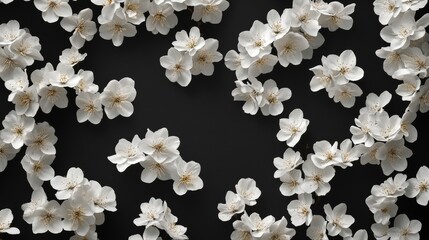 55.A beautiful floral illustration featuring an abundance of white flowers scattered across a deep black background. The soft, intricate details of the flowersâ€™ petals are brought into focus by the
