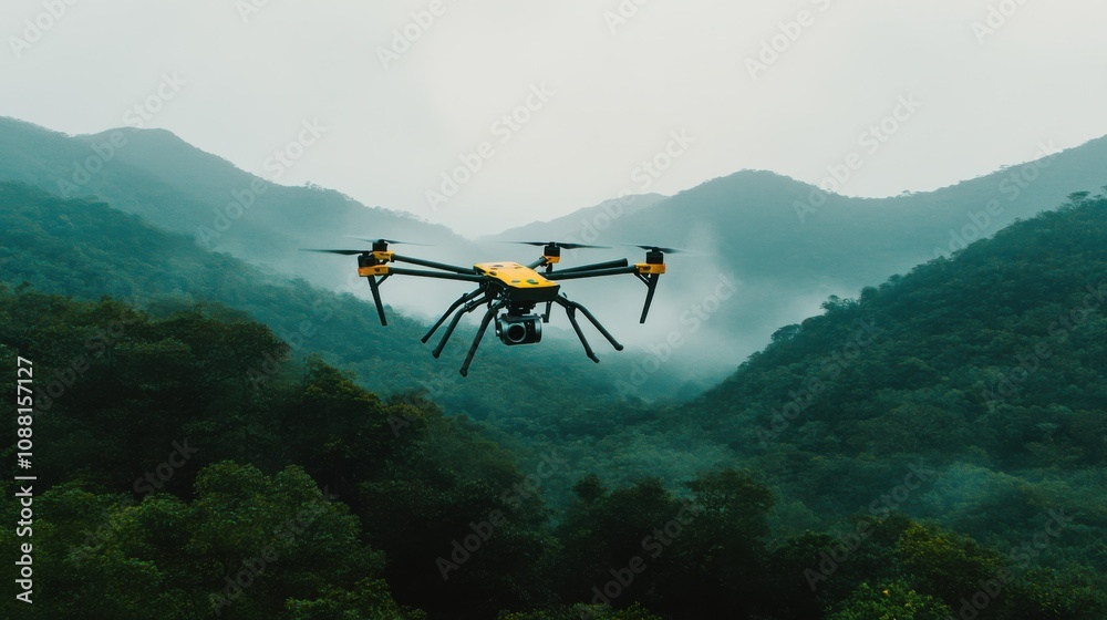 Poster A high-tech AI-powered drone for precision environmental mapping, clean natural setting with advanced sensors and imaging technology for detailed terrain analysis, Mapping style