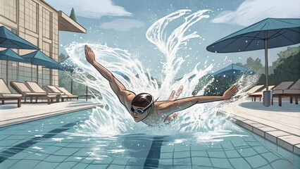 Dynamic swimmer diving into pool with splash outdoors