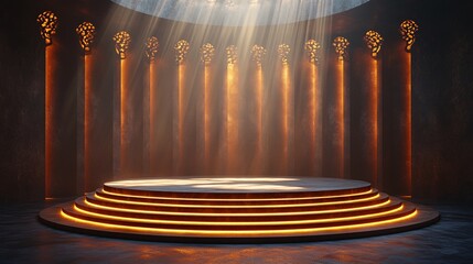 Dramatic Podium with Light Beams in Dark Background