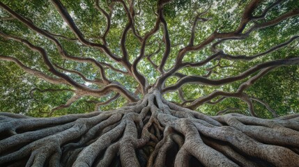 58.A detailed depiction of a majestic tree, its vast network of branches stretching skyward and covered in foliage. The roots spread outward, visible above the ground, creating an intricate,