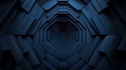 86.A hexagonal dark blue background with a sleek, geometric pattern radiating from the center. The hexagonal shapes create a sense of depth and dimension, with subtle gradients of navy blue and