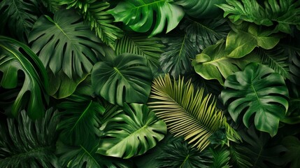97.A lush set of greenery foliage elements, with an assortment of leaf shapes and sizes. The design emphasizes the fresh, vibrant green tones and detailed leaf patterns, from broad tropical leaves to