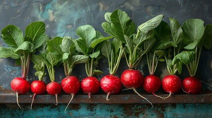 A stunning photo of a bunch of fresh radishes with leaves 