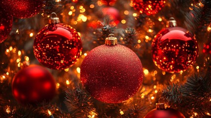12.A high-resolution mockup of a Christmas card nestled among sparkling red baubles on a fir tree. The ornaments glisten with a polished sheen, illuminated by soft, golden lights, creating a warm and