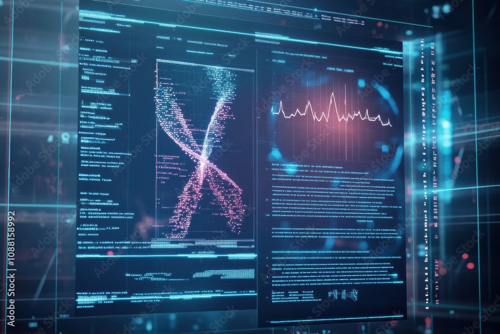 Poster a detailed digital display reveals a patient's medical history, dna information, and various test re