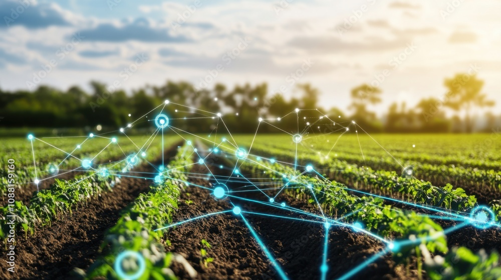 Poster A high-tech AI-powered smart agriculture monitoring system for crop health, modern farm with integrated sensors and real-time analytics for soil and plant conditions, Crop Monitoring style