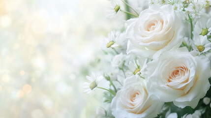 Beautiful white roses and daisies create serene floral arrangement, perfect for expressing sympathy and love during difficult times. soft colors evoke sense of peace and comfort