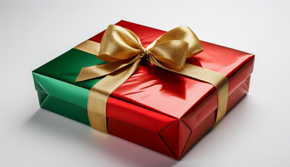 Obraz premium Christmas gift box with festive wrapping paper in red, green, and gold, tied with ribbon bows, isolated on a white background