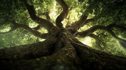 59.A towering tree with an expansive canopy of branches that spread wide, full of detailed leaves. The roots dig deep into the earth, twisting and turning in an elaborate pattern, symbolizing the