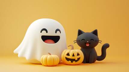 Obraz premium Character cute ghost laughing with cat 3D