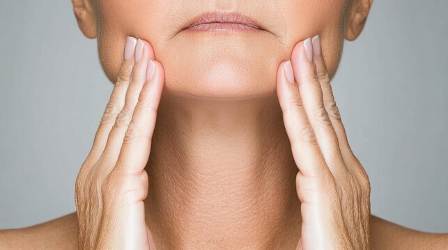 Close-up of a woman assessing her thyroid area, highlighting the importance of self-examination for thyroid conditions like goiter and cancer