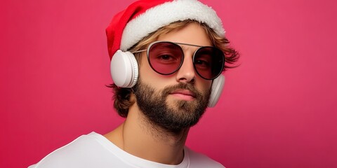 Cool Santa Vibes:  A young man with a beard, wearing a Santa hat and sunglasses, enjoys the festive season with his headphones on.  A cool and modern Christmas portrait. 