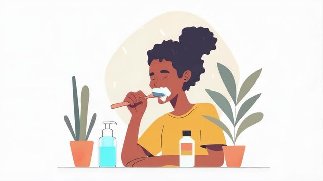 Woman brushing her teeth in the bathroom, maintaining oral hygiene. Cartoon animation