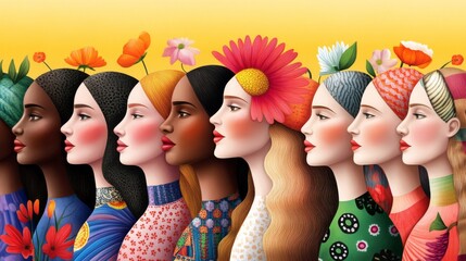 Fototapeta premium Blooming Together: A vibrant illustration of diverse women with flowers on their heads, symbolizing strength, unity, and beauty in their individuality. 