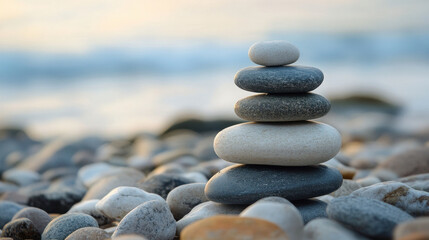 Balanced stones stacked on beach symbolize tranquility and meditation. soft colors of background enhance peaceful atmosphere, inviting relaxation and reflection