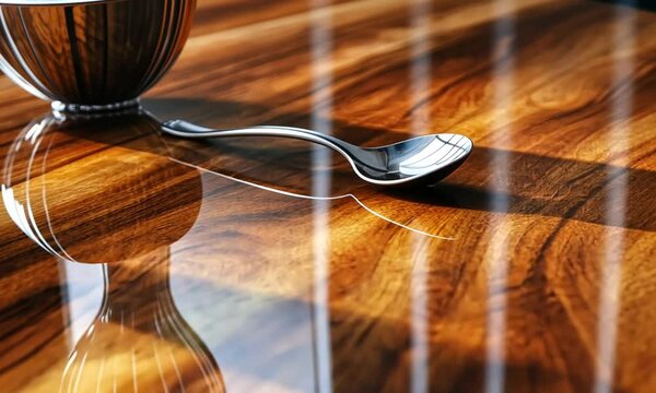 Elegant wooden table surface with reflections and shadows showcasing a decorative bowl and a silver spoon, creating a warm, inviting atmosphere for dining and gatherings.