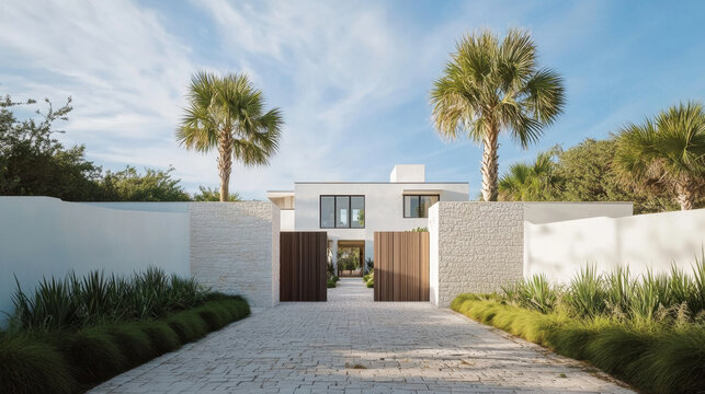 Modern residential home in Alys Beach, Florida, featuring palm trees and stylish entrance. serene landscape and contemporary design create welcoming atmosphere