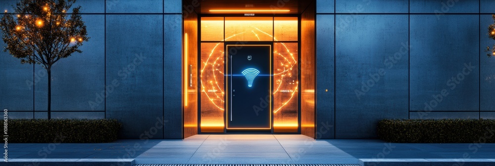 Leinwandbilder This entrance showcases a cutting-edge security setup with smart cameras, motion sensors, and a unique fingerprint scanner for access control. Generative AI
