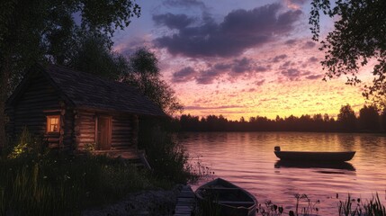 Fototapeta premium Wooden river cabin, docked boat nearby, evening sky 