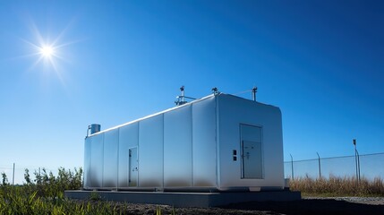 Fototapeta premium Hydrogen Storage Tank Positioned Under a Clear Sky, Symbolizing Sustainable Energy Solutions with a Focus on Clean Technology and Environmental Consciousness.