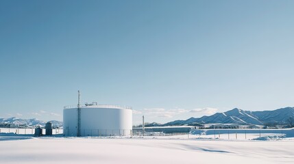 Obraz premium Hydrogen Storage Tank Positioned Under a Clear Sky, Symbolizing Sustainable Energy Solutions with a Focus on Clean Technology and Environmental Consciousness.
