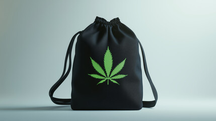 Black Drawstring Backpack with Green Cannabis Leaf Design