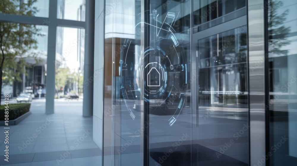 Poster A high-tech AI-powered smart facial recognition system for secure access, modern building entrance with integrated facial recognition cameras and access control features, Security Access style