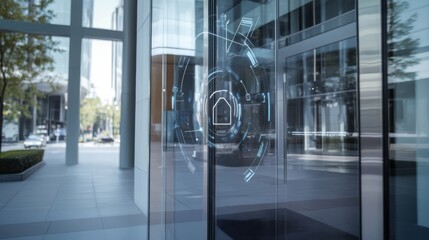 A high-tech AI-powered smart facial recognition system for secure access, modern building entrance with integrated facial recognition cameras and access control features, Security Access style