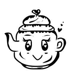 A simple, cartoon-style illustration of a cute teapot and cup of tea