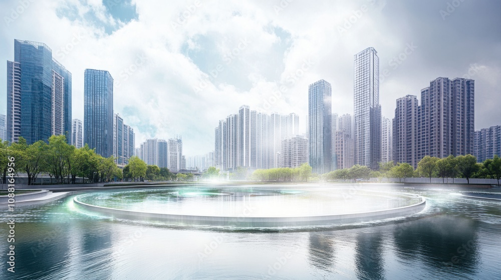 Poster A high-tech AI-powered smart flood management system for urban areas, modern cityscape with integrated sensors and real-time flood prediction and response tools, Flood Management style