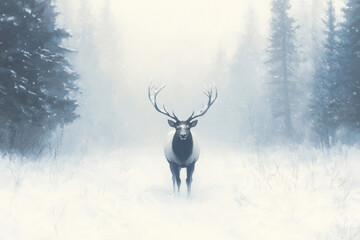 Naklejka premium A deer stands in the snow with its antlers raised