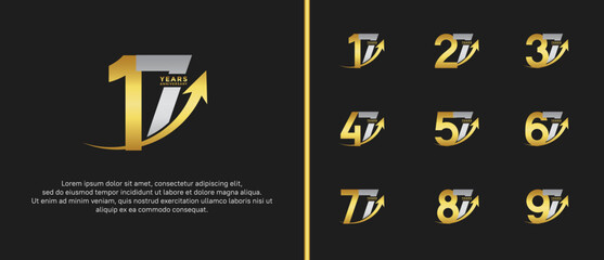 set of anniversary logo flat gold and silver color on black background for celebration moment