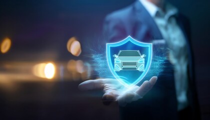 A businessman holds a digital shield icon representing car insurance, symbolizing protection and security in automotive services.